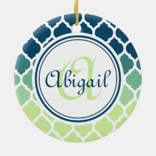 Ornement Rond En Céramique Monogramme bleu vert Motif marocain treillis