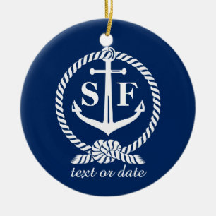 Ornement Rond En Céramique Monogramme classique Ancre bleu marine Bateau de p