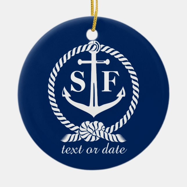 Ornement Rond En Céramique Monogramme classique Ancre bleu marine Bateau de p (Devant)
