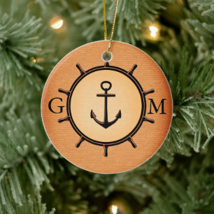 Ornement Rond En Céramique Monogramme Cuir personnalisé Roue et Ancre nautiq