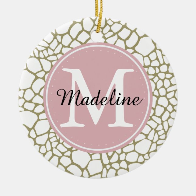 Ornement Rond En Céramique Monogramme d'impression de girafe blanche or (Devant)