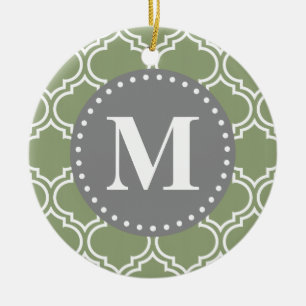 Ornement Rond En Céramique Monogramme Motif en treillis marocain vert foncé