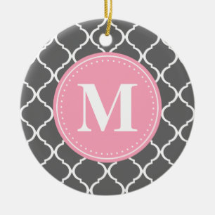 Ornement Rond En Céramique Monogramme rose gris marocain