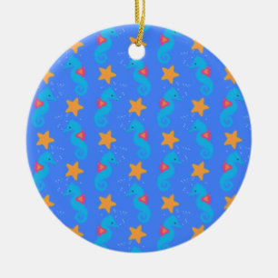 Ornement Rond En Céramique Motif De Seahores Bleues Et De Starfish