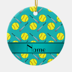 Ornement Rond En Céramique Motif nommé personnalisé du base-ball de turquoi
