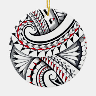 Ornement Rond En Céramique Motifs polynésiens tribaux rouges avec l'ombrage