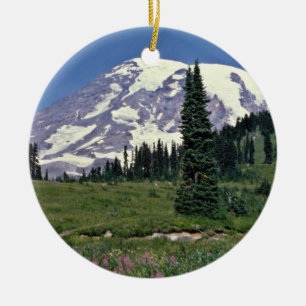 Ornement Rond En Céramique Mt. Rainer, fleurs de rouge de Washington