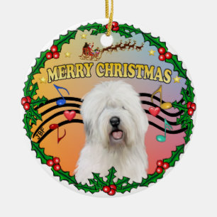 Ornement Rond En Céramique Musique Xmas 1 - Old English Sheepdog