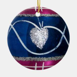 Ornement Rond En Céramique Noël bleu blanc rouge vintage en verre de coeur