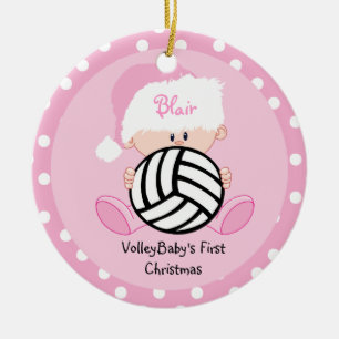 Ornement Rond En Céramique Noël de bébé de volleyball ęr avec le nom