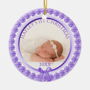 Ornement Rond En Céramique Noël de bébé pourpre de l'ornement de photo