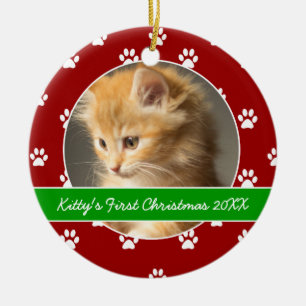 Ornement Rond En Céramique Noël de Kitty d'empreintes de pattes rouges et