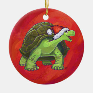 Ornement Rond En Céramique Noël de tortue sur le rouge