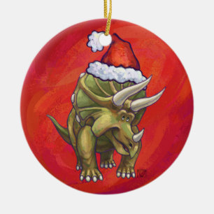 Ornement Rond En Céramique Noël de Triceratops sur le rouge