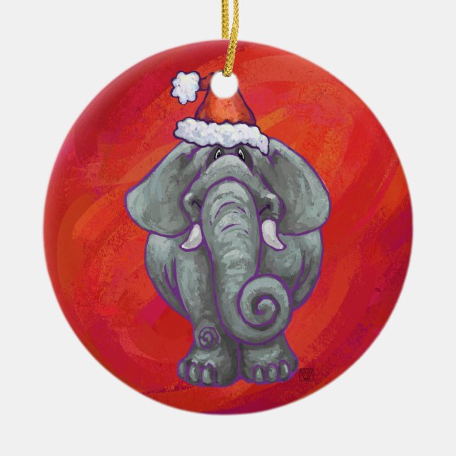 Ornement Rond En Céramique Noël d'éléphant sur le rouge (Devant)