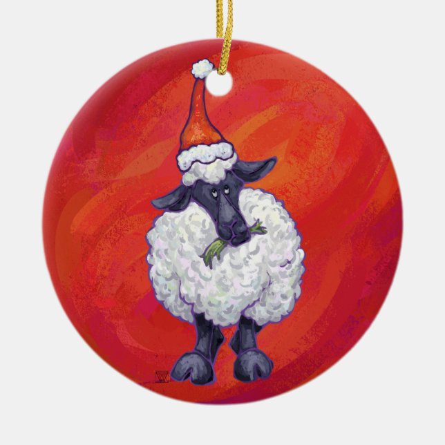 Ornement Rond En Céramique Noël des moutons sur rouge (Devant)
