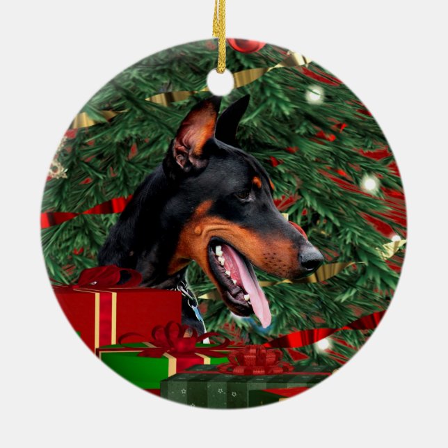 Ornement Rond En Céramique Noël Doberman Pinscher (Dos)
