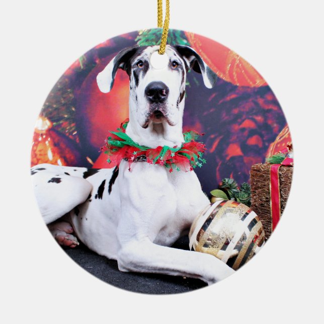 Ornement Rond En Céramique Noël - harlequin great dane - baron (Devant)