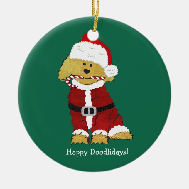 Ornement Rond En Céramique Noël personnalisé Goldendoodle Père Noël (Devant)
