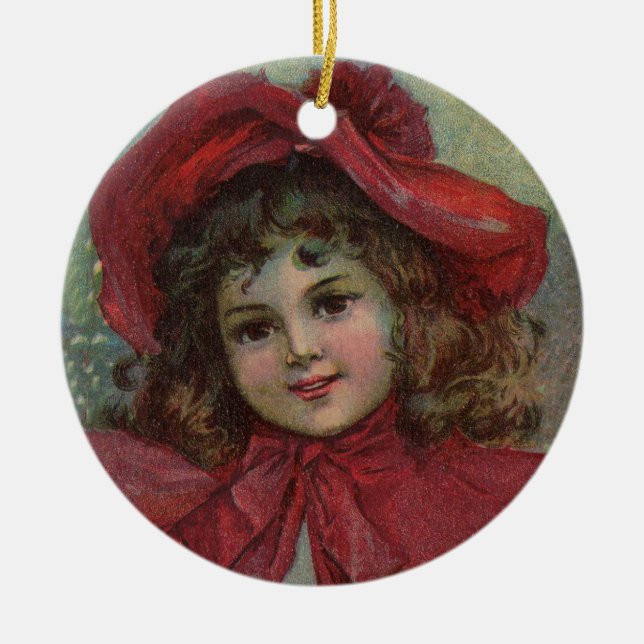 Ornement Rond En Céramique Noël Victorien Enfant Rouge Casquette Portrait Fil (Devant)