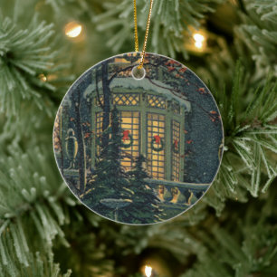 Ornement Rond En Céramique Noël vintage, maison avec couronnes dans les fenêt