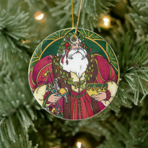 Ornement Rond En Céramique Noël Vintage, Père Noël avec Feuilles Holly