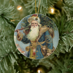 Ornement Rond En Céramique Noël vintage, Père Noël victorien avec arbre