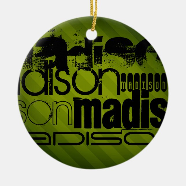 Ornement Rond En Céramique Nom personnalisé, noir et vert olive (Devant)