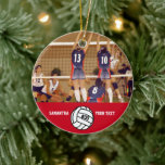 Ornement Rond En Céramique Nom photo de volley-ball personnalisé Équipe #<br><div class="desc">Ce ornement photo de volley-ball personnalisé comprend votre photo de volley-ball préférée téléchargée, un graphique de volley-ball blanc avec le numéro de maillot de votre joueur, et du texte supplémentaire comme le nom de votre joueur et/ou le nom de l'équipe. Ce design est mis en regard d'une couleur arrière -...</div>