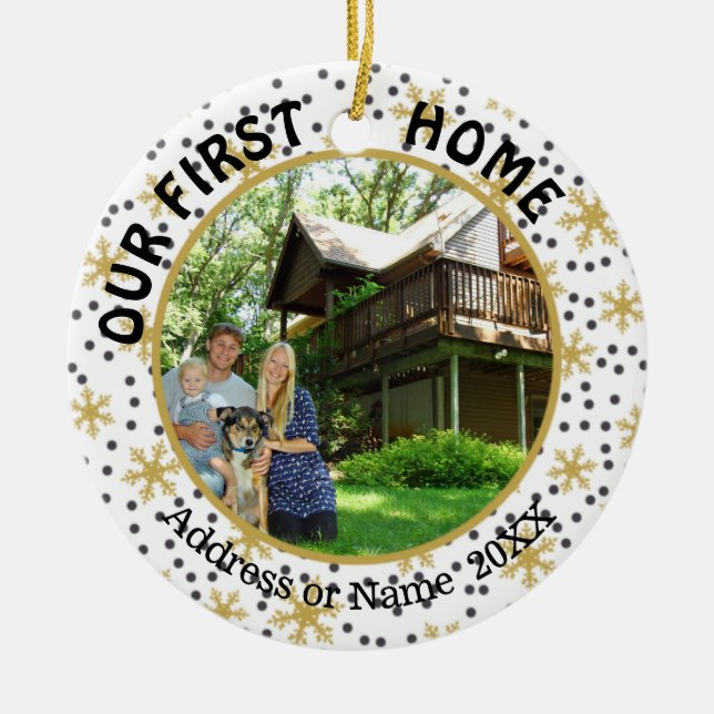 Ornement Rond En Céramique Notre Première Maison, Les Flammes De Neige D'Or,  (Devant)