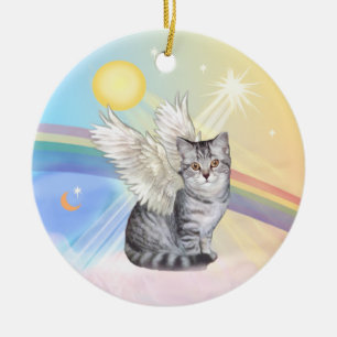 Ornement Rond En Céramique Nuages - Ange Chat Tigre Tabby Argenté