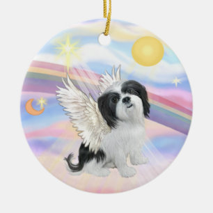Ornement Rond En Céramique Nuages - Lhasa Apso (noir-blanc)