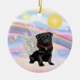 Ornement Rond En Céramique Nuages - Pug Ange (noir)