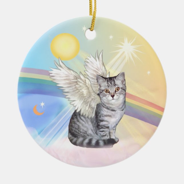 Ornement Rond En Céramique Nuages - Tabby Argent Tiger Chat Angel (Devant)