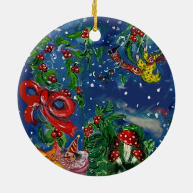 Ornement Rond En Céramique NUIT DE NOËL MUSICALE, PÈRE NOËL BUGLER Red Heart (Dos)