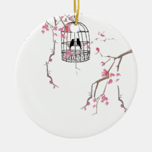 Ornement Rond En Céramique OEuvre d'art originale de cage à cerisier fleuri