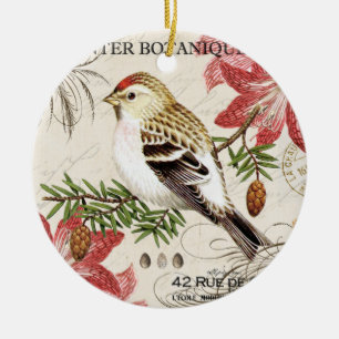 Ornement Rond En Céramique oiseau français vintage moderne d'hiver