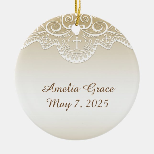 Ornement Rond En Céramique Or avec la dentelle, croix, religieuse (Devant)