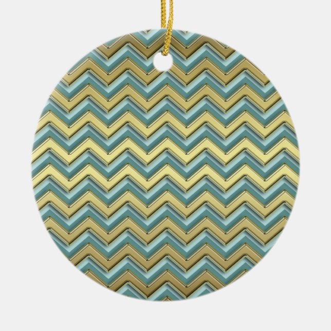 Ornement Rond En Céramique Or et Turquoise Motif Chevron (Devant)