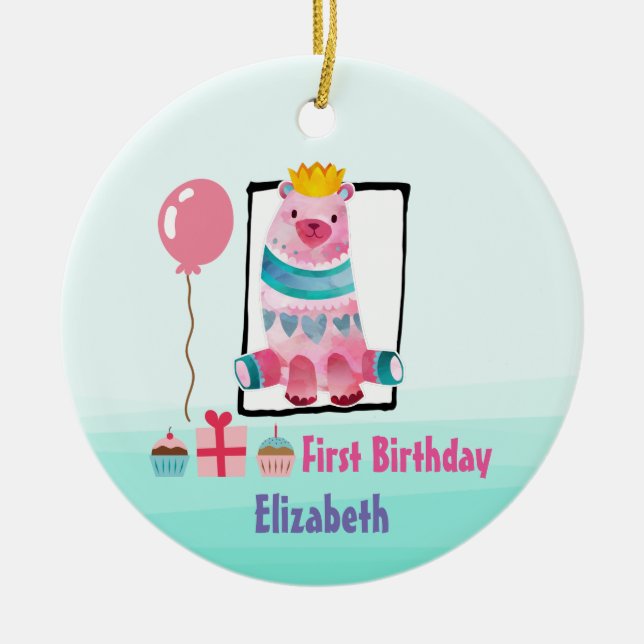 Ornement Rond En Céramique Ours d'aquarelle mignonne avec une couronne Premie (Devant)