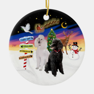Ornement Rond En Céramique Panneaux de Noël - Deux Poodles Standards (N+B)