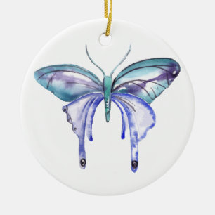 Ornement Rond En Céramique papillon bleu aqua violet aquarelle