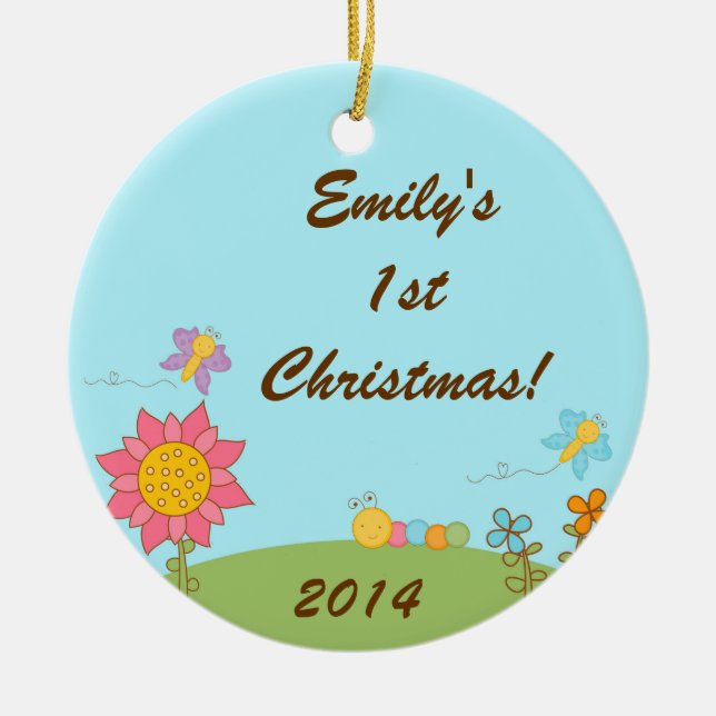 Ornement Rond En Céramique Papillon d'insectes de printemps Nom personnalisé  (Devant)