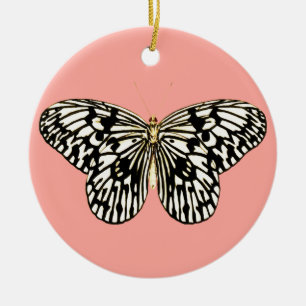 Ornement Rond En Céramique Papillon noir et blanc, arrière - plan corail rose