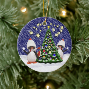 Ornement Rond En Céramique Paradis de Noël des manchots