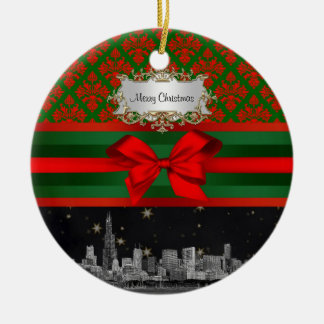 Ornement Rond En Céramique Paysage de Chicago Rouge Vert Damassé #2 Nœud Noël