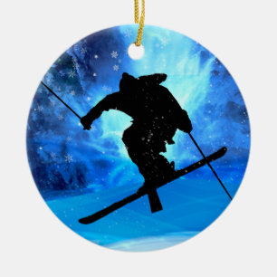 Ornement Rond En Céramique Paysage d'hiver et skieur de style libre
