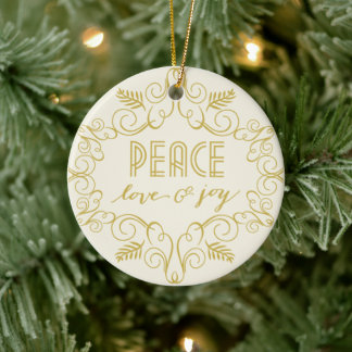 Ornement Rond En Céramique Peace Love & Joy Foliage Deco Cadre Photo Holiday