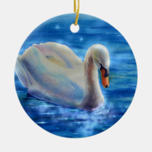 Ornement Rond En Céramique Peinture d'aquarelle blanche pour cygne