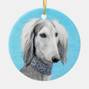 Ornement Rond En Céramique Peinture de Saluki (Argent) - Cute art original de